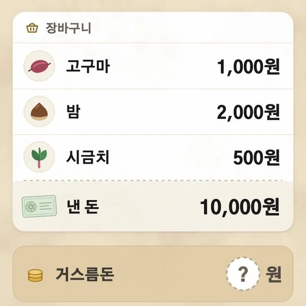 장바구니 — 고구마 1,000원, 밤 2,000원, 시금치 500원, 낸 돈 10,000원, 거스름돈은 물음표